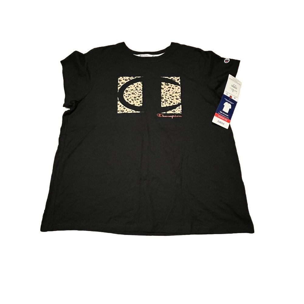 NWT Champion T-Shirt Women‎ 1X Classic Big Graphic Logo Script Cheetah Leopard